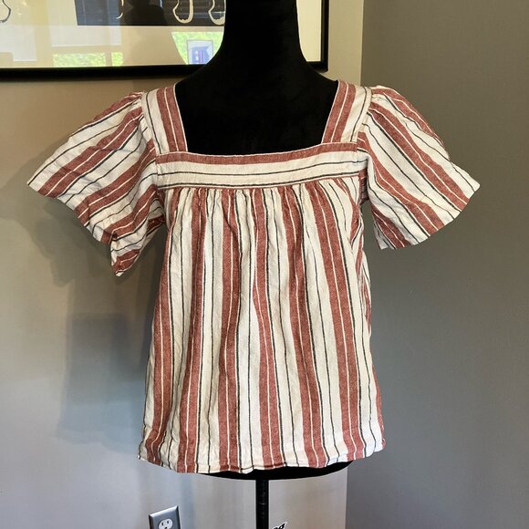 LOFT  linen blend striped boho babydoll top with flutter sleeves size small‎ - Picture 1 of 5